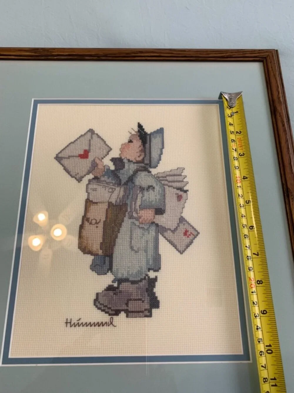 Framed Hummel-Inspired Cross-Stitch Art Of Mail Carrier With Letters 16